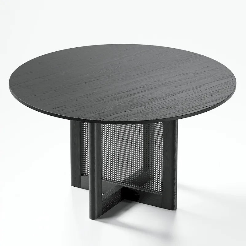 Table à manger ronde en chêne massif noir/bois naturel avec pieds en rotin – 6 places