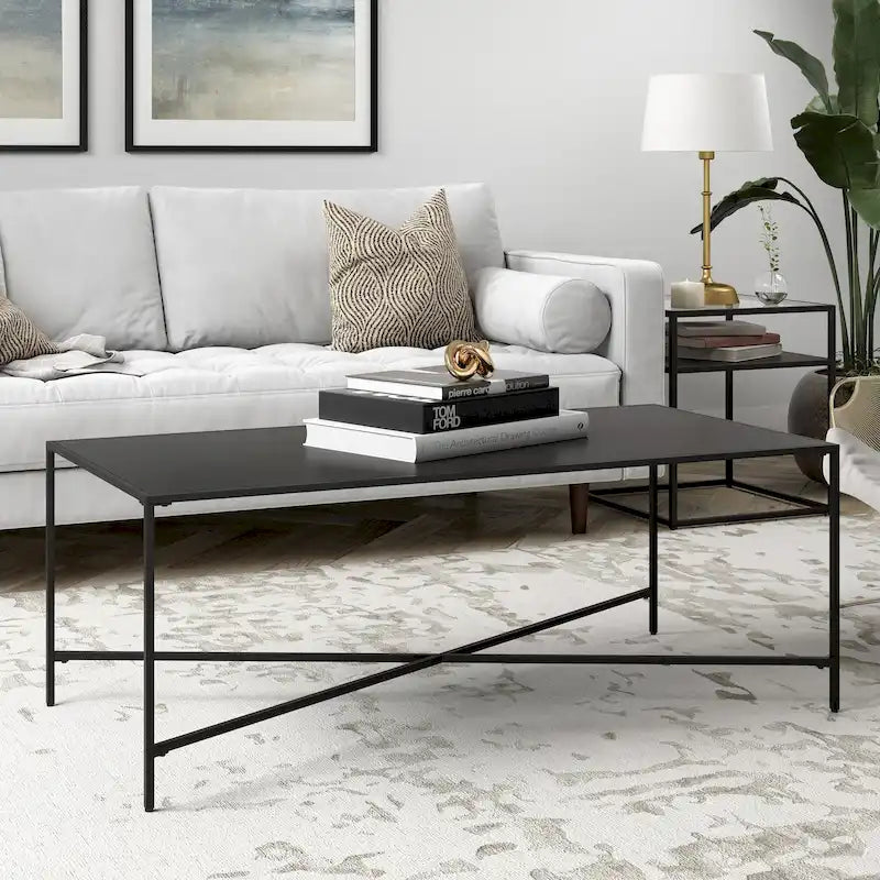 Table basse à cadre géométrique en acier bronze bruni / laiton / gris canon de fusil / argent avec plateau en verre ou en métal – Simple