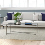Table basse à cadre géométrique en acier bronze bruni / laiton / gris canon de fusil / argent avec plateau en verre ou en métal – Simple