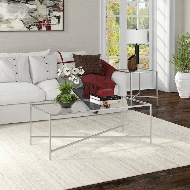 Table basse à cadre géométrique en acier bronze bruni / laiton / gris canon de fusil / argent avec plateau en verre ou en métal – Simple