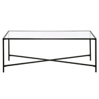 Table basse à cadre géométrique en acier bronze bruni / laiton / gris canon de fusil / argent avec plateau en verre ou en métal – Simple