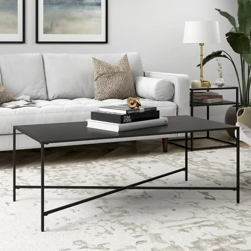 Table basse à cadre géométrique en acier bronze bruni / laiton / gris canon de fusil / argent avec plateau en verre ou en métal – Simple