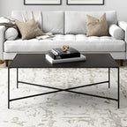 Table basse à cadre géométrique en acier bronze bruni / laiton / gris canon de fusil / argent avec plateau en verre ou en métal – Simple