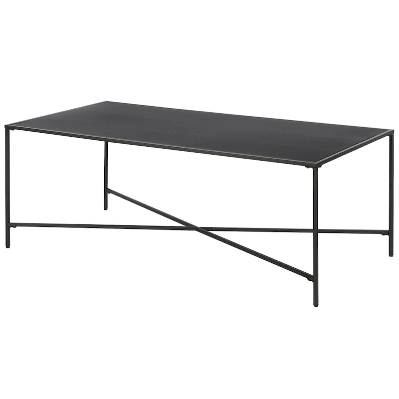 Table basse à cadre géométrique en acier bronze bruni / laiton / gris canon de fusil / argent avec plateau en verre ou en métal – Simple