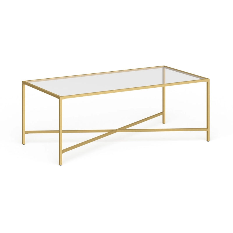 Table basse à cadre géométrique en acier bronze bruni / laiton / gris canon de fusil / argent avec plateau en verre ou en métal – Simple