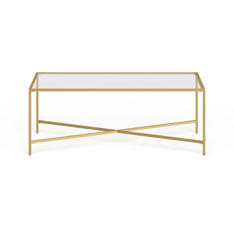 Table basse à cadre géométrique en acier bronze bruni / laiton / gris canon de fusil / argent avec plateau en verre ou en métal – Simple