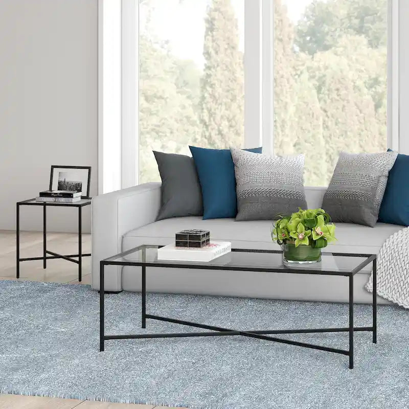 Table basse à cadre géométrique en acier bronze bruni / laiton / gris canon de fusil / argent avec plateau en verre ou en métal – Simple