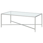 Table basse à cadre géométrique en acier bronze bruni / laiton / gris canon de fusil / argent avec plateau en verre ou en métal – Simple