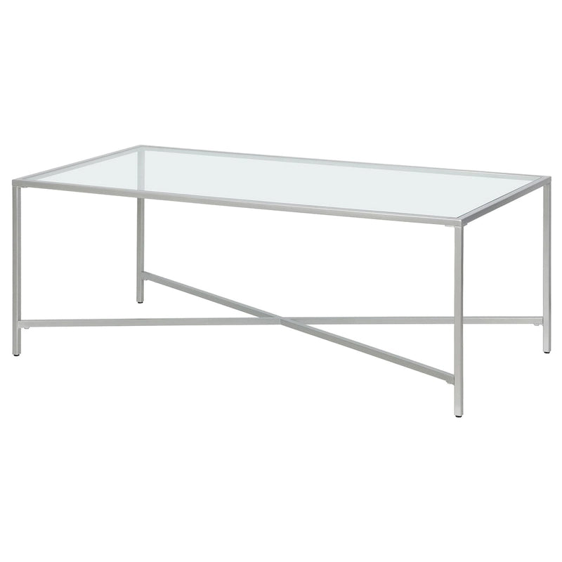 Table basse à cadre géométrique en acier bronze bruni / laiton / gris canon de fusil / argent avec plateau en verre ou en métal – Simple