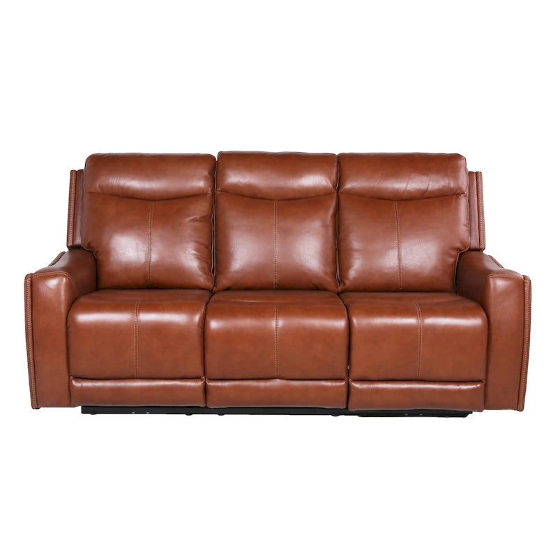 Canapé 3 places inclinable électrique en cuir pleine fleur marron caramel/gris ardoise avec port USB et appuie-tête électrique