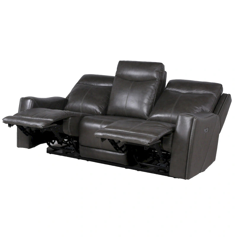 Canapé 3 places inclinable électrique en cuir pleine fleur marron caramel/gris ardoise avec port USB et appuie-tête électrique