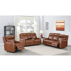 Canapé 3 places inclinable électrique en cuir pleine fleur marron caramel/gris ardoise avec port USB et appuie-tête électrique