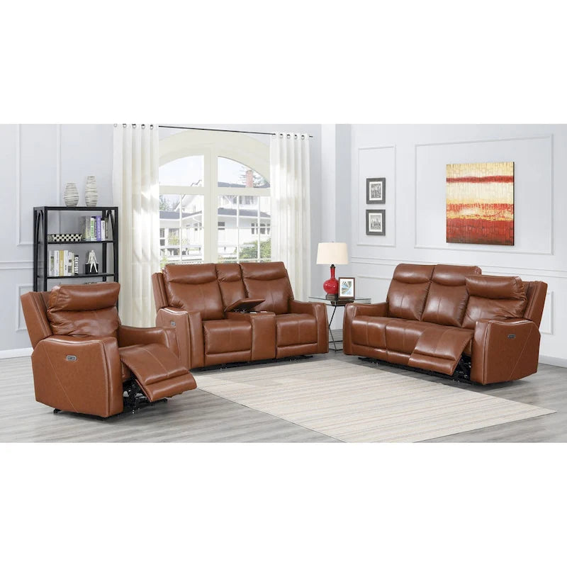 Canapé 3 places inclinable électrique en cuir pleine fleur marron caramel/gris ardoise avec port USB et appuie-tête électrique