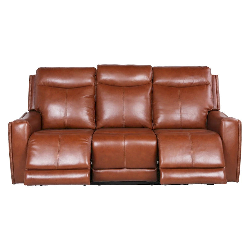 Canapé 3 places inclinable électrique en cuir pleine fleur marron caramel/gris ardoise avec port USB et appuie-tête électrique