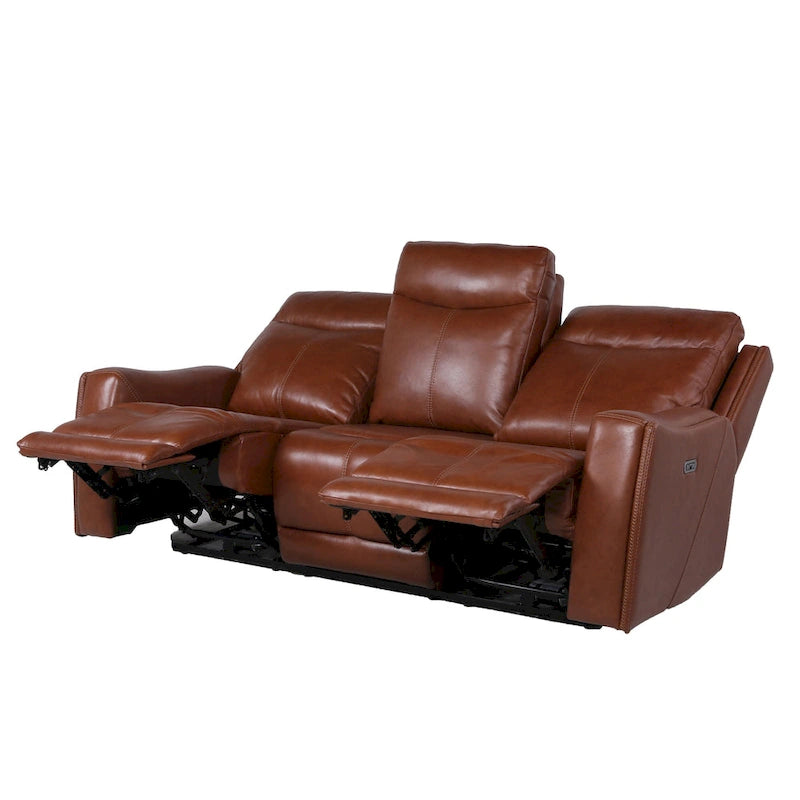 Canapé 3 places inclinable électrique en cuir pleine fleur marron caramel/gris ardoise avec port USB et appuie-tête électrique
