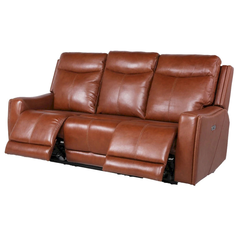 Canapé 3 places inclinable électrique en cuir pleine fleur marron caramel/gris ardoise avec port USB et appuie-tête électrique