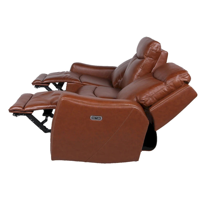 Canapé 3 places inclinable électrique en cuir pleine fleur marron caramel/gris ardoise avec port USB et appuie-tête électrique