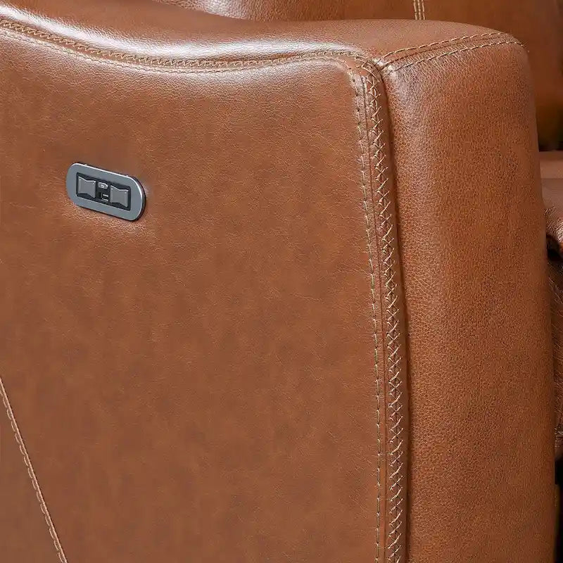 Canapé 3 places inclinable électrique en cuir pleine fleur marron caramel/gris ardoise avec port USB et appuie-tête électrique