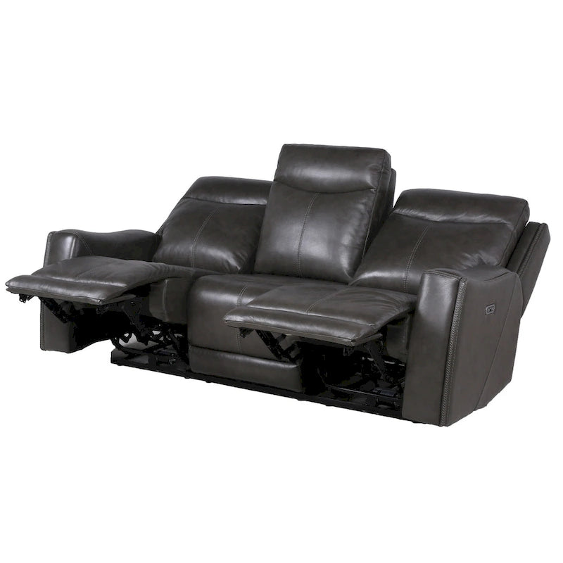 Canapé 3 places inclinable électrique en cuir pleine fleur marron caramel/gris ardoise avec port USB et appuie-tête électrique