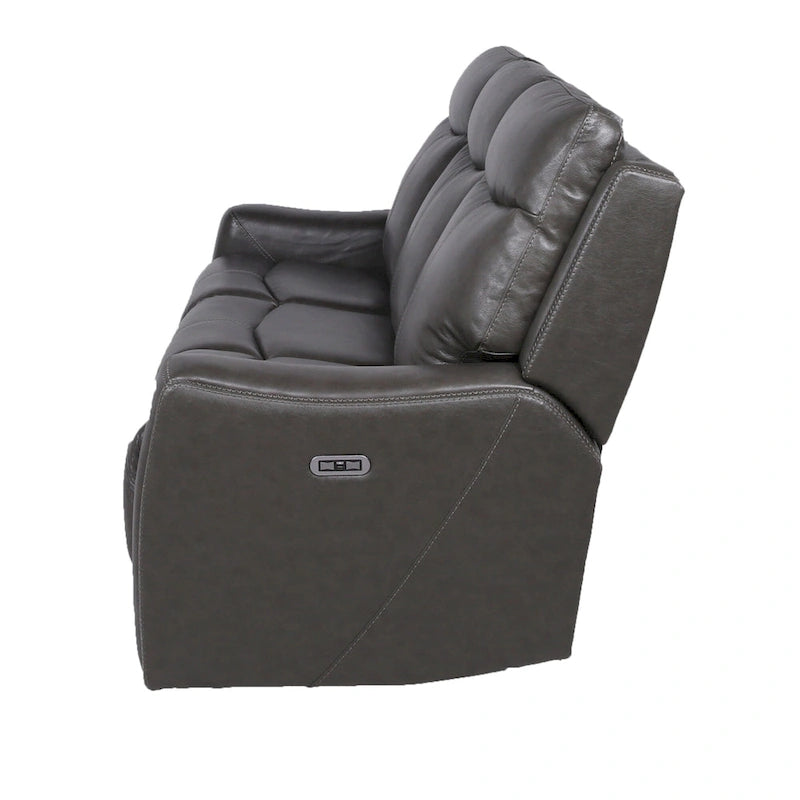 Canapé 3 places inclinable électrique en cuir pleine fleur marron caramel/gris ardoise avec port USB et appuie-tête électrique