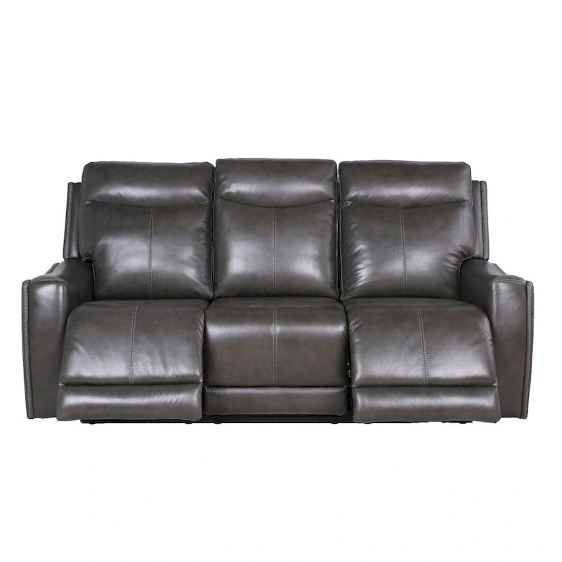 Canapé 3 places inclinable électrique en cuir pleine fleur marron caramel/gris ardoise avec port USB et appuie-tête électrique