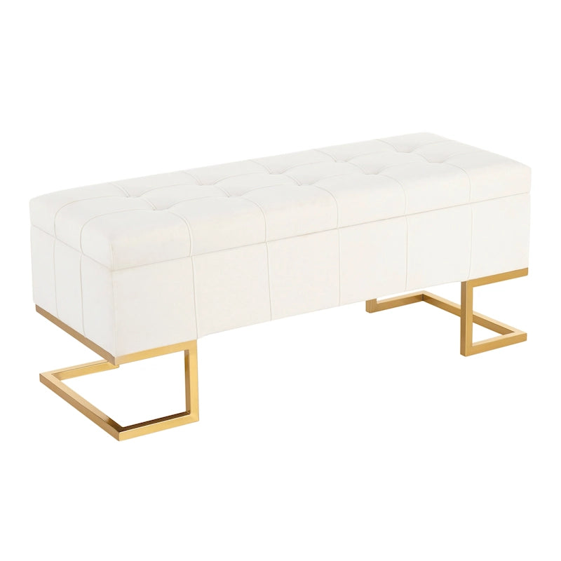 Banc de rangement capitonné en velours blanc/rose avec cadre en métal doré – 2 places