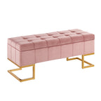 Banc de rangement capitonné en velours blanc/rose avec cadre en métal doré – 2 places