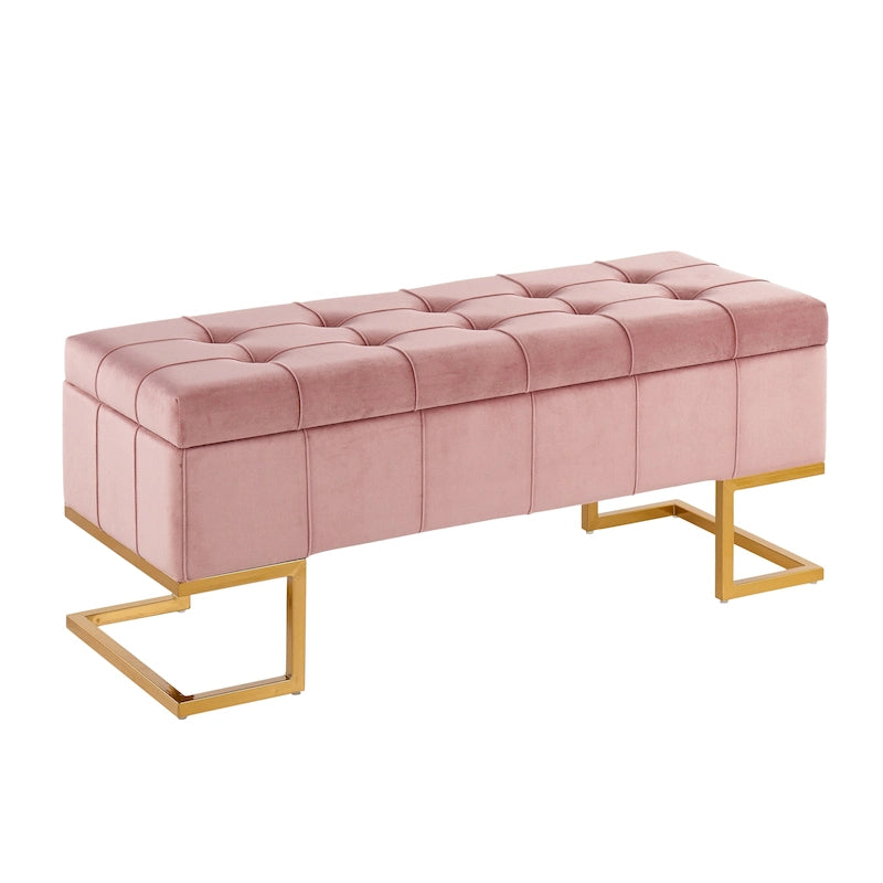 Banc de rangement capitonné en velours blanc/rose avec cadre en métal doré – 2 places