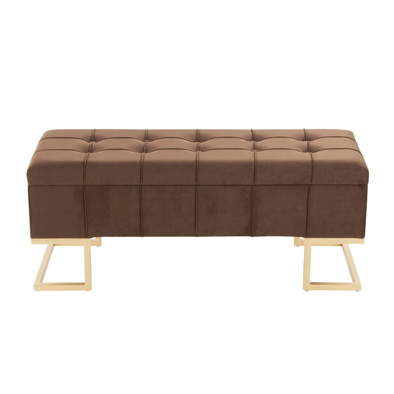 Banc de rangement capitonné en velours blanc/rose avec cadre en métal doré – 2 places