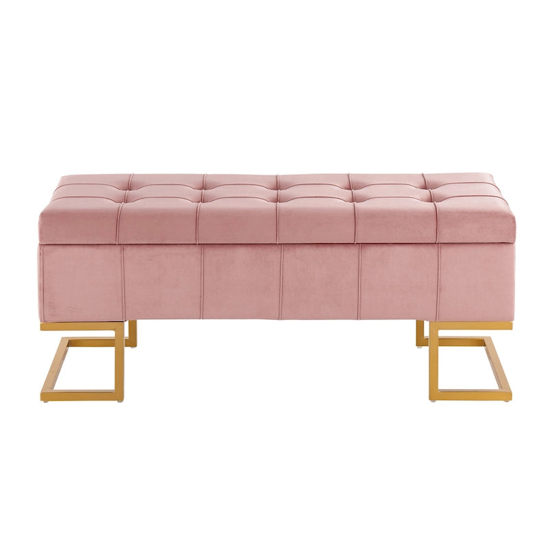 Banc de rangement capitonné en velours blanc/rose avec cadre en métal doré – 2 places