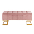 Banc de rangement capitonné en velours blanc/rose avec cadre en métal doré – 2 places