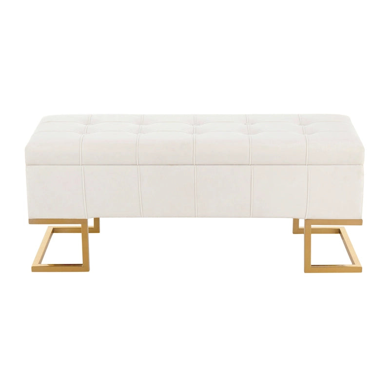 Banc de rangement capitonné en velours blanc/rose avec cadre en métal doré – 2 places