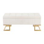Banc de rangement capitonné en velours blanc/rose avec cadre en métal doré – 2 places