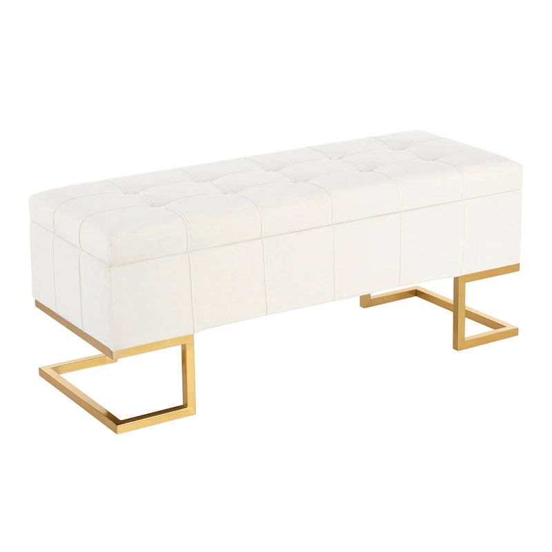 Banc de rangement capitonné en velours blanc/rose avec cadre en métal doré – 2 places