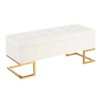 Banc de rangement capitonné en velours blanc/rose avec cadre en métal doré – 2 places
