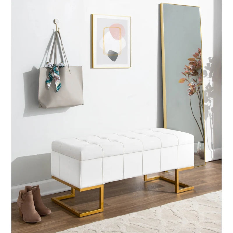 Banc de rangement capitonné en velours blanc/rose avec cadre en métal doré – 2 places