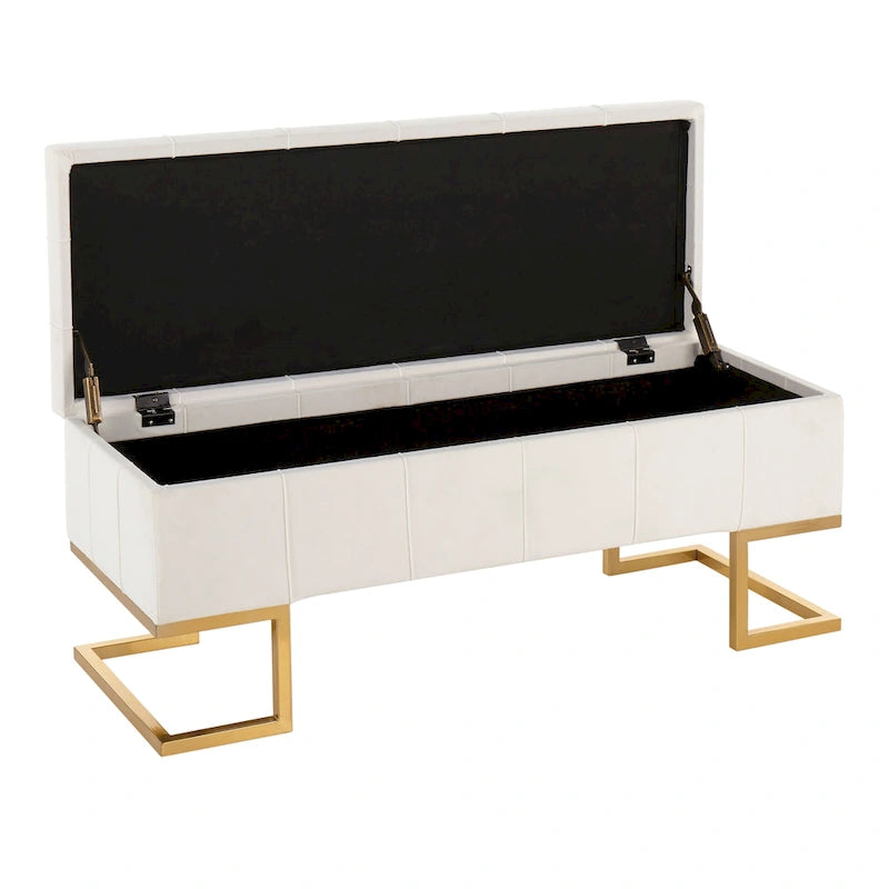 Banc de rangement capitonné en velours blanc/rose avec cadre en métal doré – 2 places