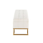 Banc de rangement capitonné en velours blanc/rose avec cadre en métal doré – 2 places