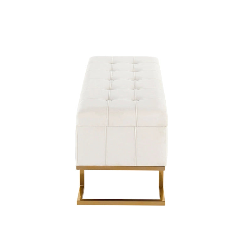 Banc de rangement capitonné en velours blanc/rose avec cadre en métal doré – 2 places