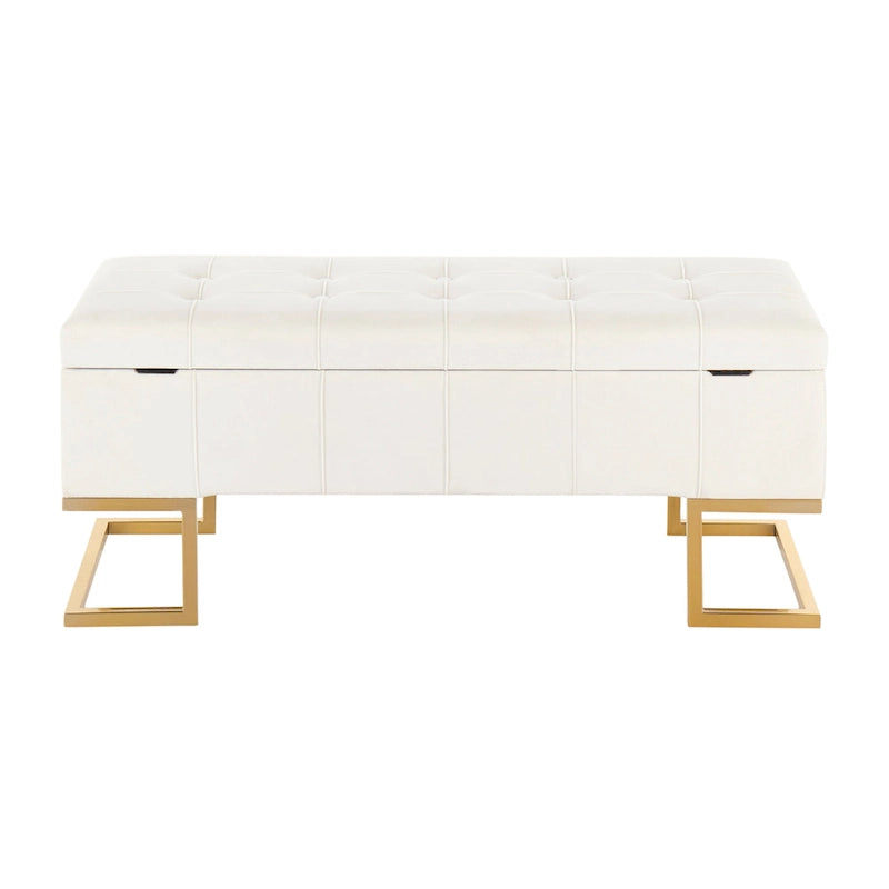 Banc de rangement capitonné en velours blanc/rose avec cadre en métal doré – 2 places
