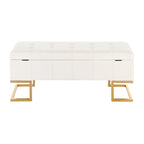 Banc de rangement capitonné en velours blanc/rose avec cadre en métal doré – 2 places