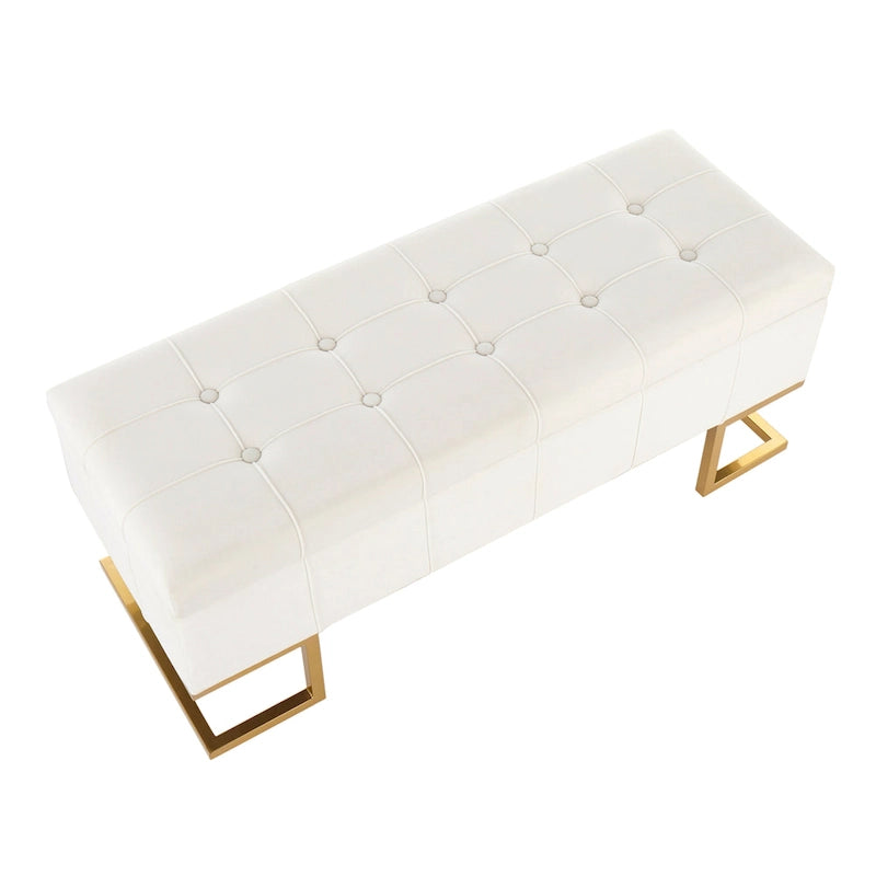 Banc de rangement capitonné en velours blanc/rose avec cadre en métal doré – 2 places
