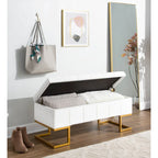 Banc de rangement capitonné en velours blanc/rose avec cadre en métal doré – 2 places