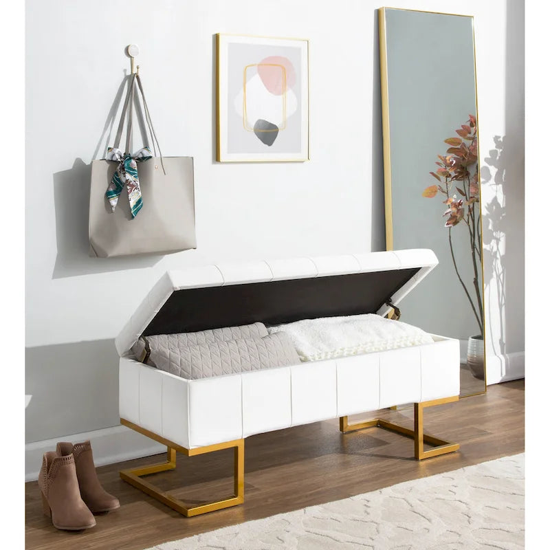 Banc de rangement capitonné en velours blanc/rose avec cadre en métal doré – 2 places