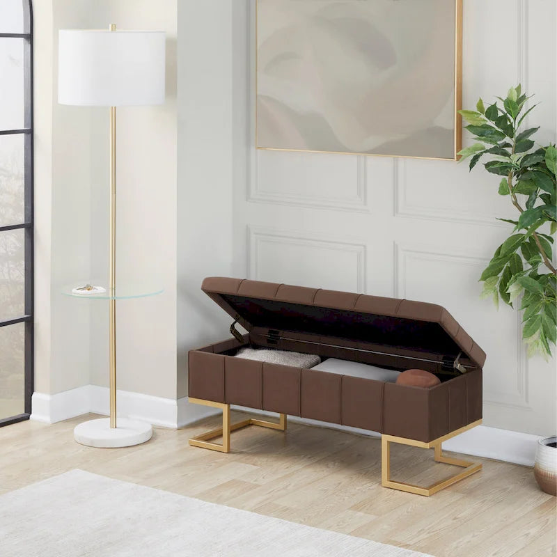 Banc de rangement capitonné en velours blanc/rose avec cadre en métal doré – 2 places