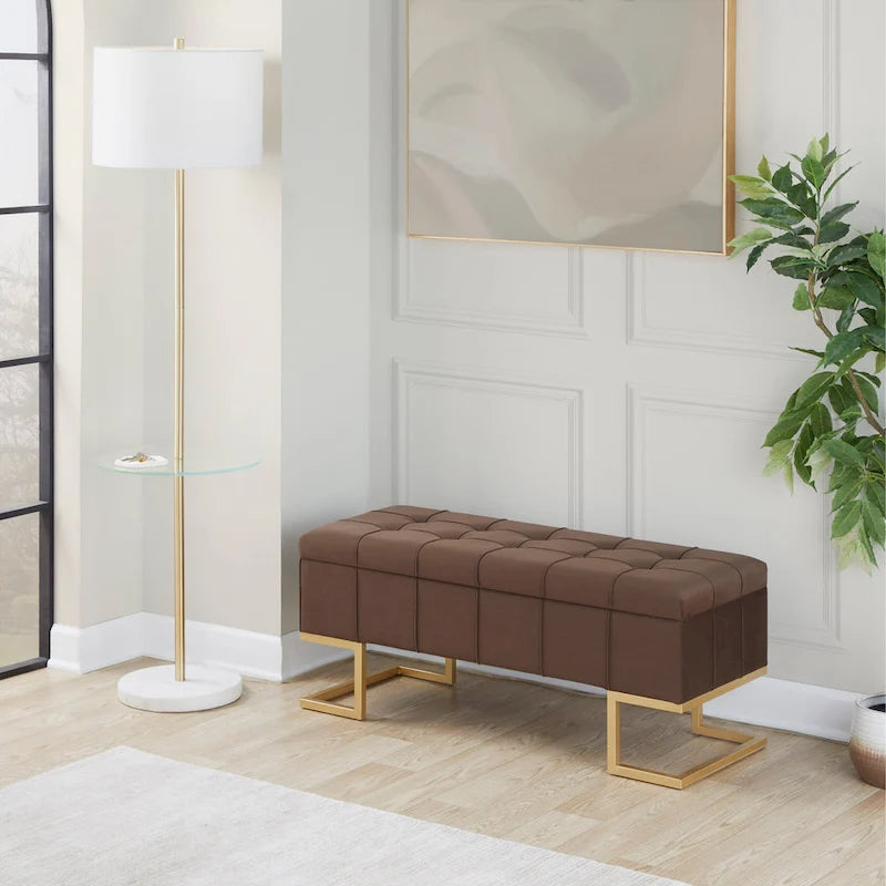 Banc de rangement capitonné en velours blanc/rose avec cadre en métal doré – 2 places