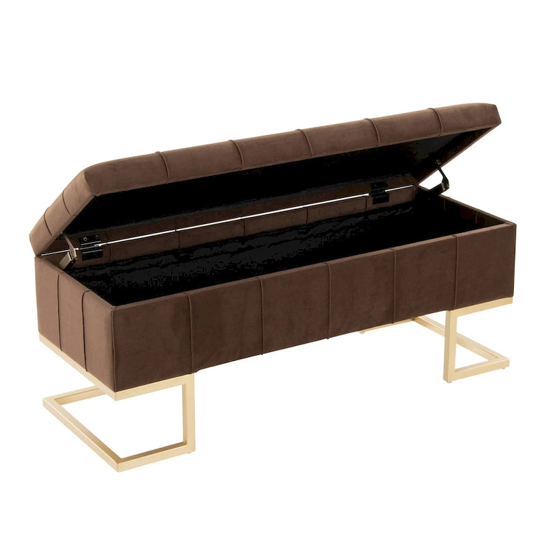Banc de rangement capitonné en velours blanc/rose avec cadre en métal doré – 2 places