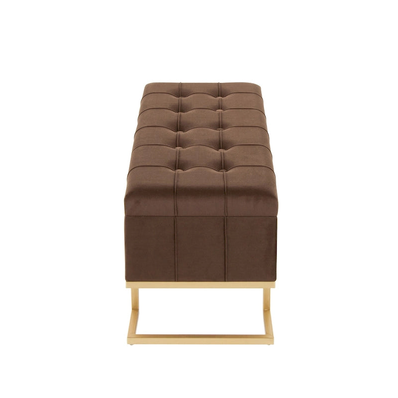 Banc de rangement capitonné en velours blanc/rose avec cadre en métal doré – 2 places