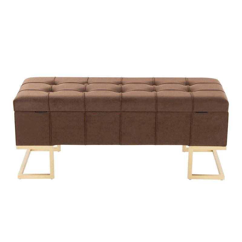 Banc de rangement capitonné en velours blanc/rose avec cadre en métal doré – 2 places