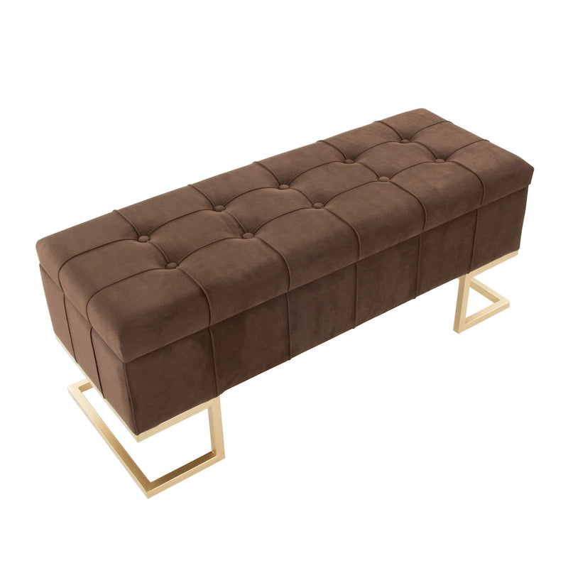 Banc de rangement capitonné en velours blanc/rose avec cadre en métal doré – 2 places
